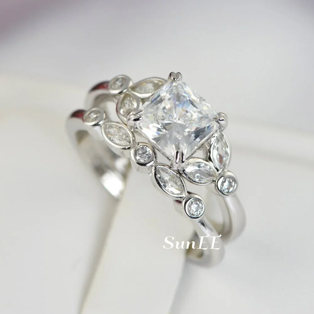 14k WHITE GOLD 925 STERLING SILVER PRINCESS CUT WEDDING BAND ENGAGEMENT RING - Picture 10 of 11